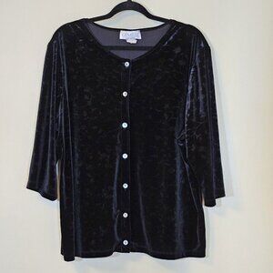 Gemilli Cardigan Women 2X Black Velvet Floral Burnout 3/4 Sleeve VTG Goth Witchy